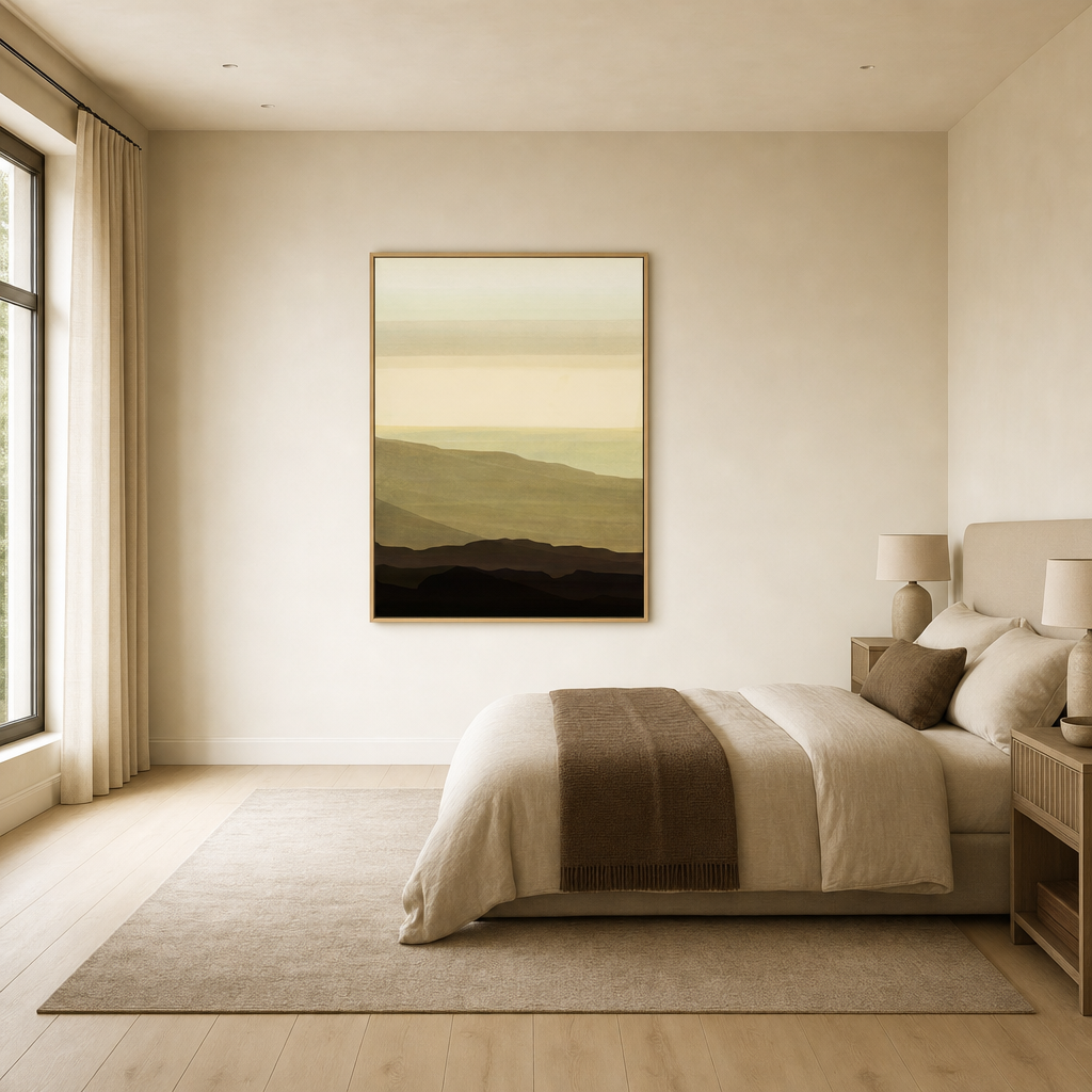 Serene Ochre Horizon 1 Large Canvas Art on a large bedroom wall