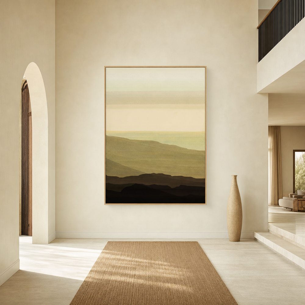 Serene Ochre Horizon 1 Large Canvas Art on a grand entrance-hall wall