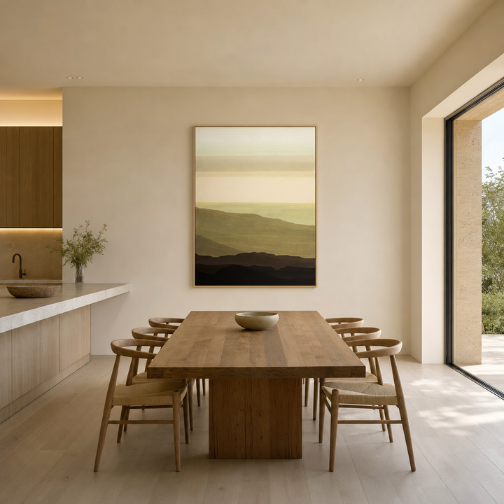 Serene Ochre Horizon 1 Large Canvas Art on a kitchen and dining wall