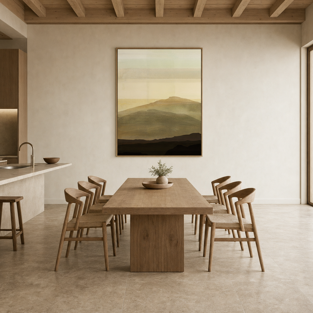 Serene Ochre Horizon 2 Large Canvas Art on a kitchen and dining wall