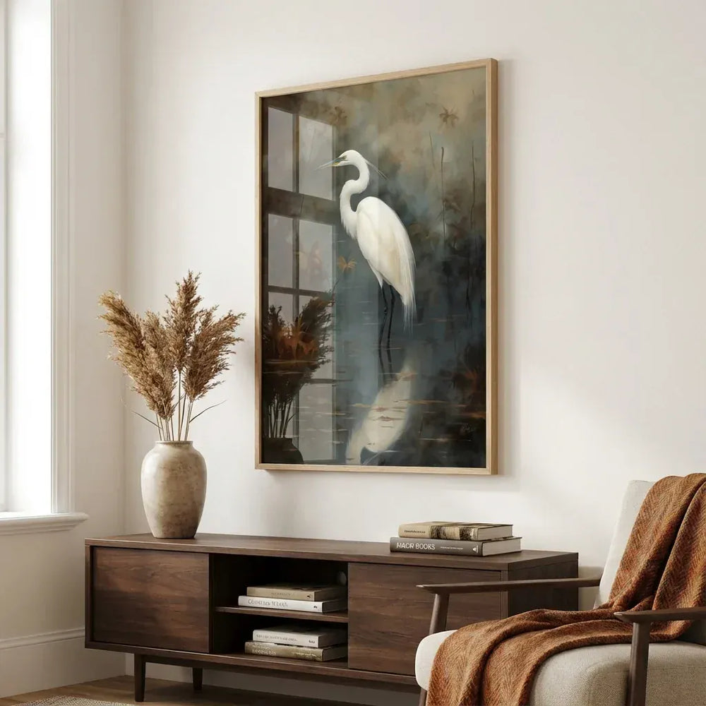 Room mockup featuring Serene White Egret Reflection Art Print