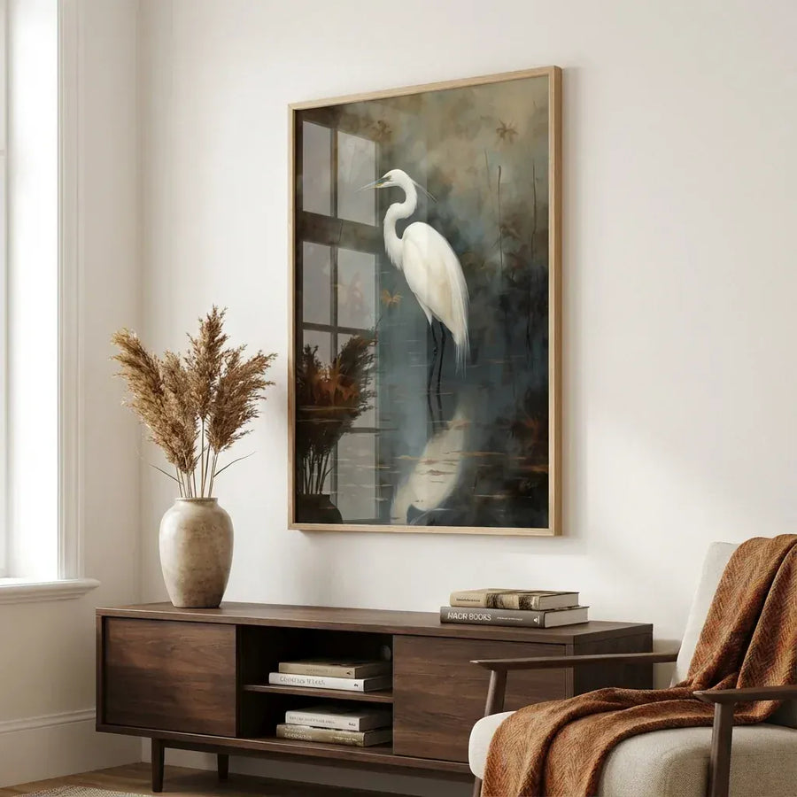 Serene White Egret Reflection Art Print in a room setting