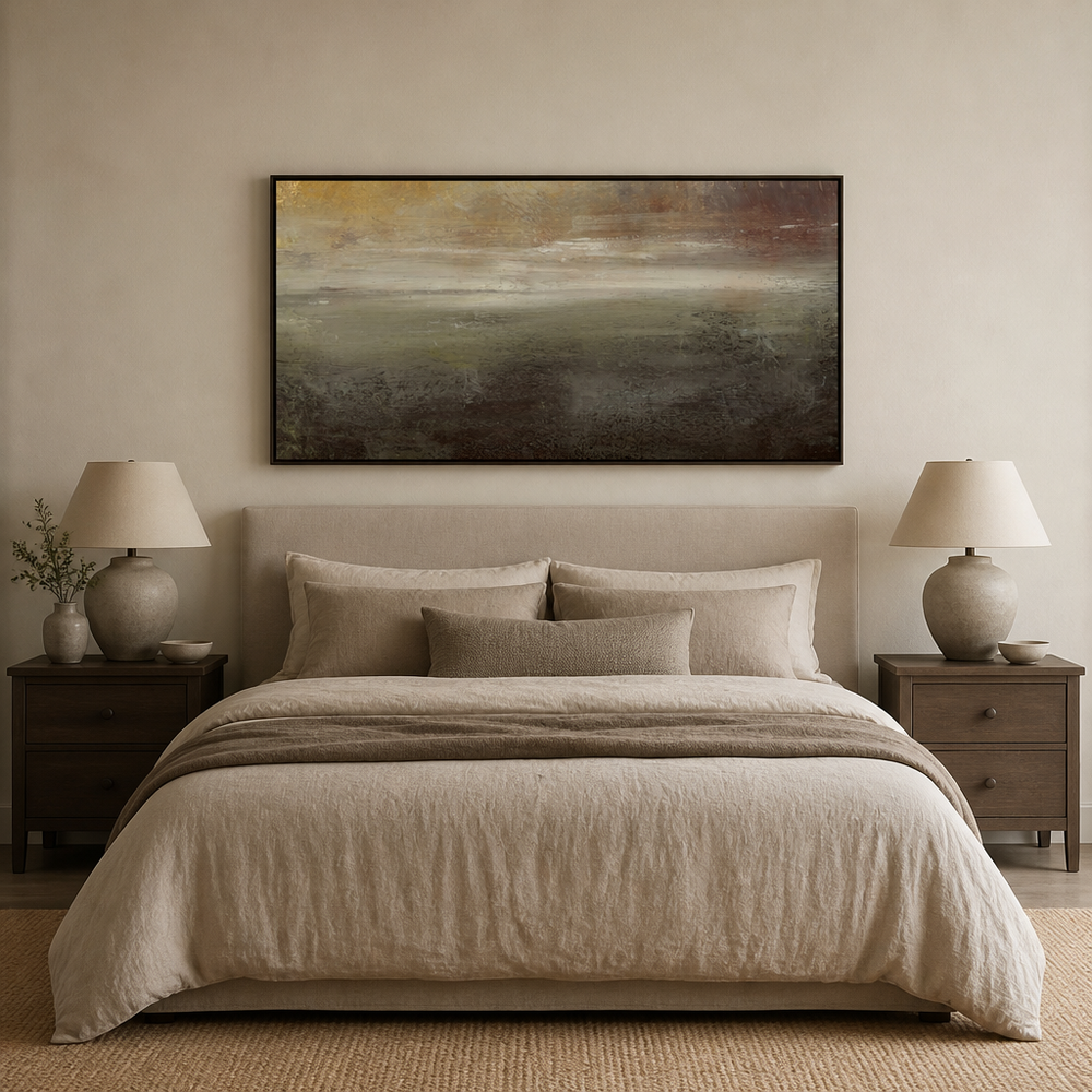 Sleepy Mist Large Canvas Art above a king bed