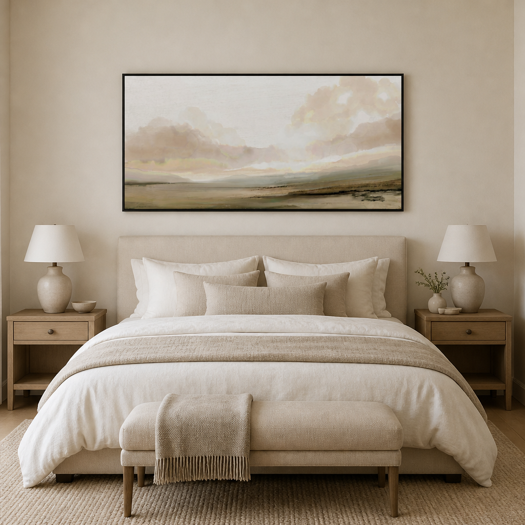 Southern Horizon Calm Large Canvas Art above a king bed