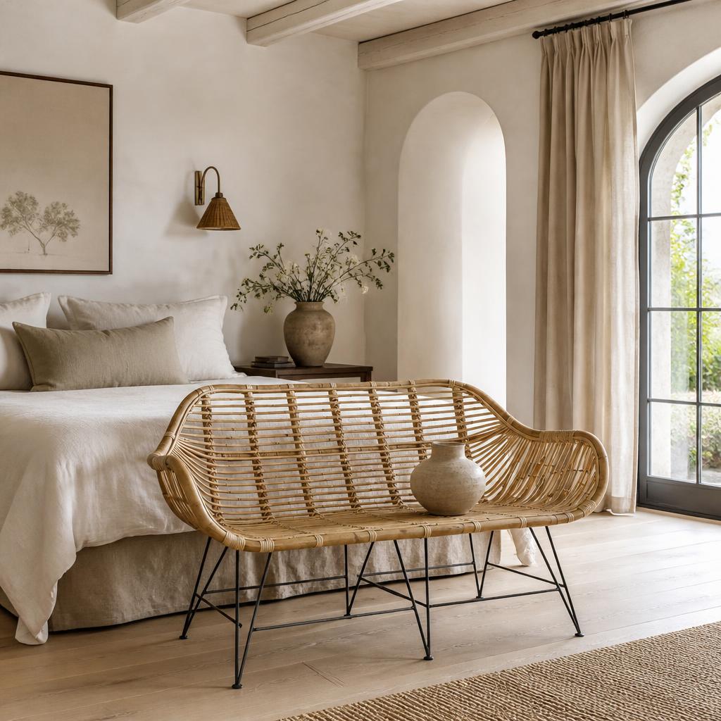 Square-Weave Rattan Two-Seater Bench styled in a room