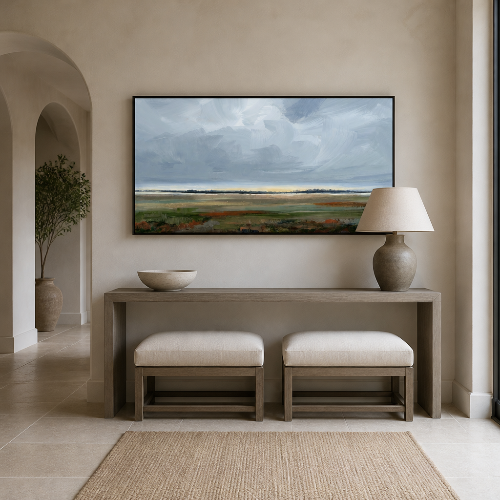 Stormy Horizon Serenity Large Canvas Art above an entrance-hall console