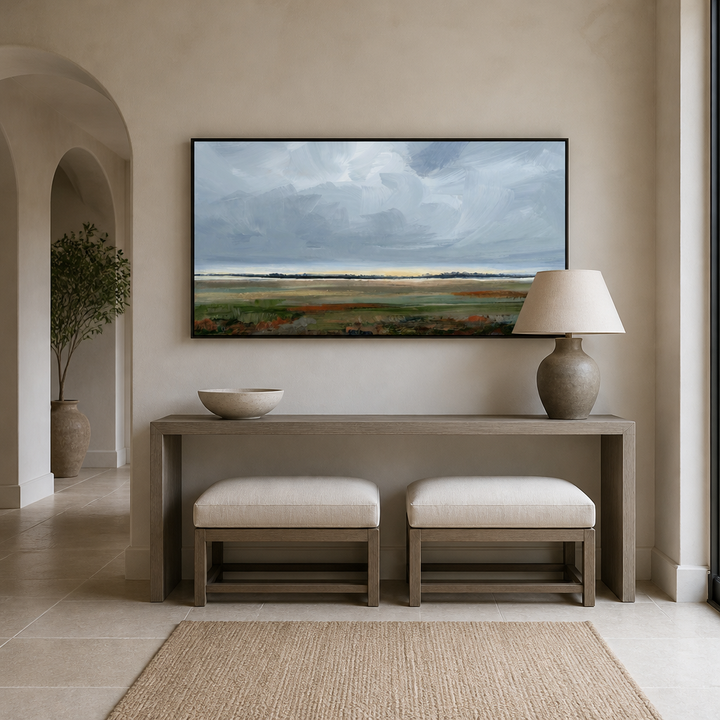 Stormy Horizon Serenity Large Canvas Art above an entrance-hall console