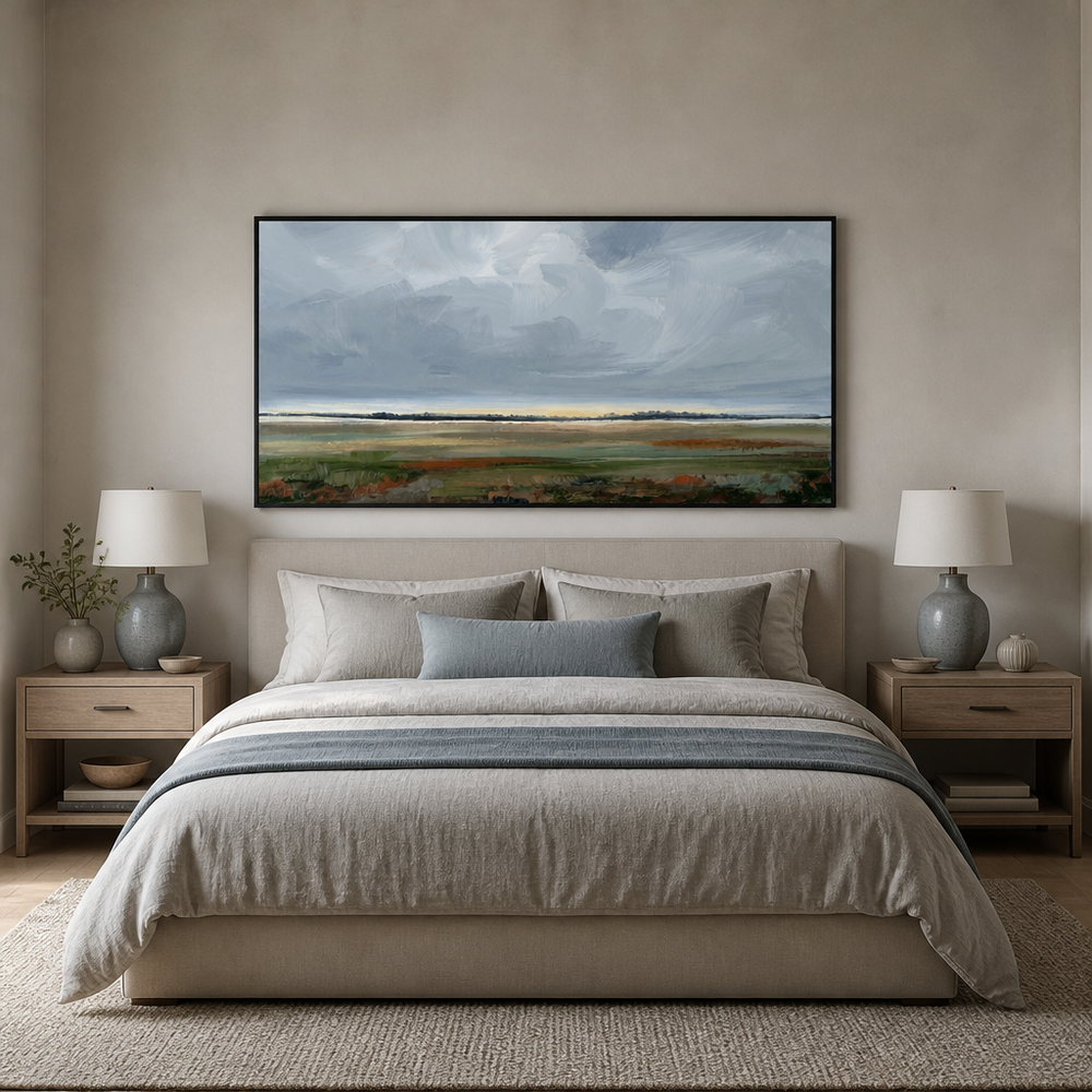 Stormy Horizon Serenity Large Canvas Art above a king bed