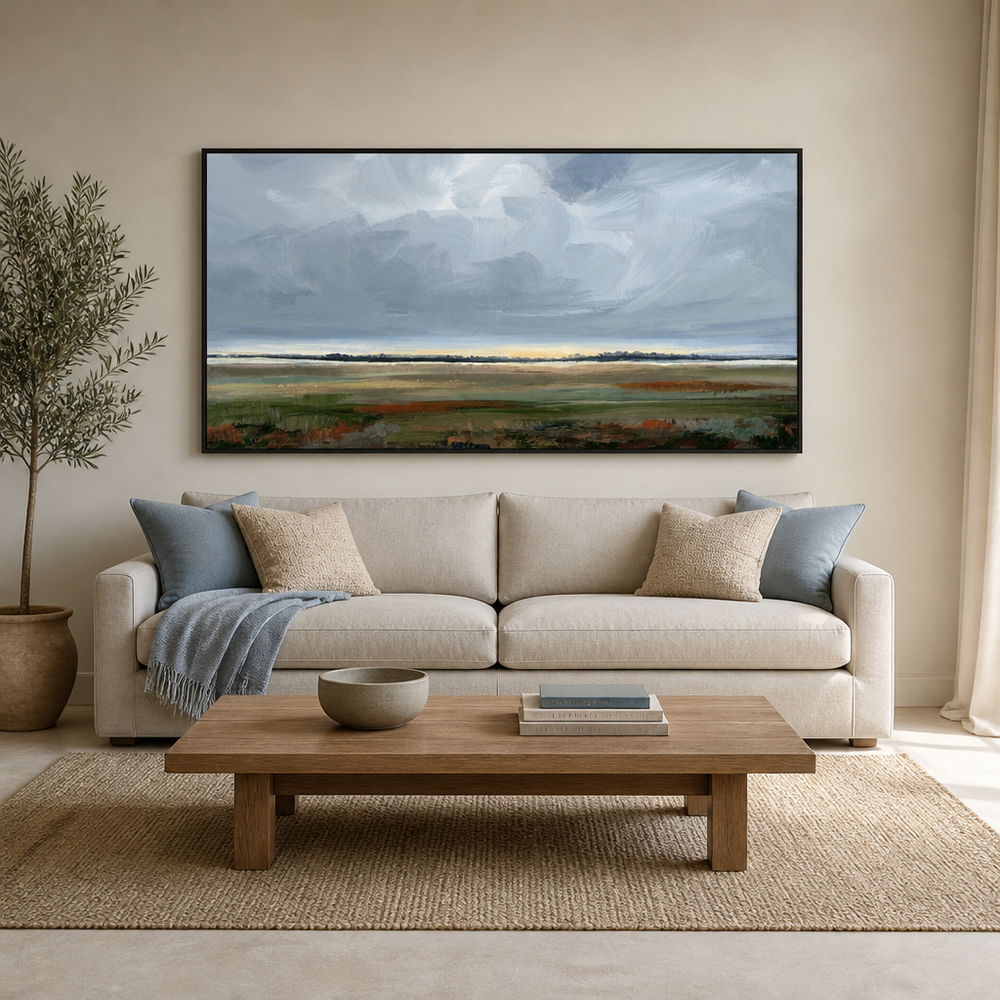 Stormy Horizon Serenity Large Canvas Art above a living-room couch