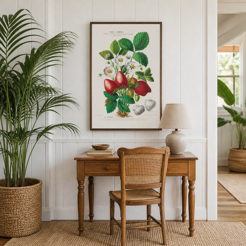 Strawberry Vintage Botanical Art Print shown in a styled room