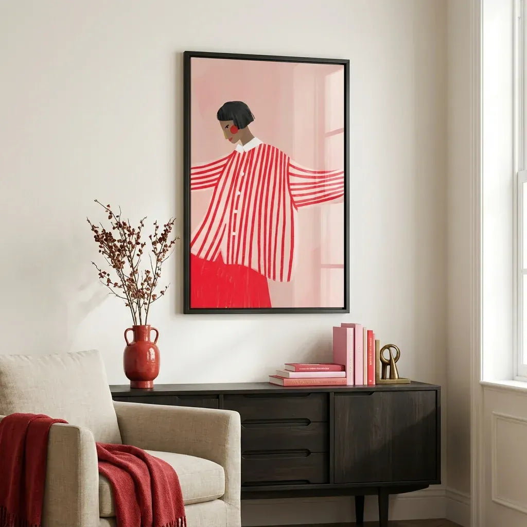 Stripe Elegance in Rosy Hues Art Print shown in a styled room