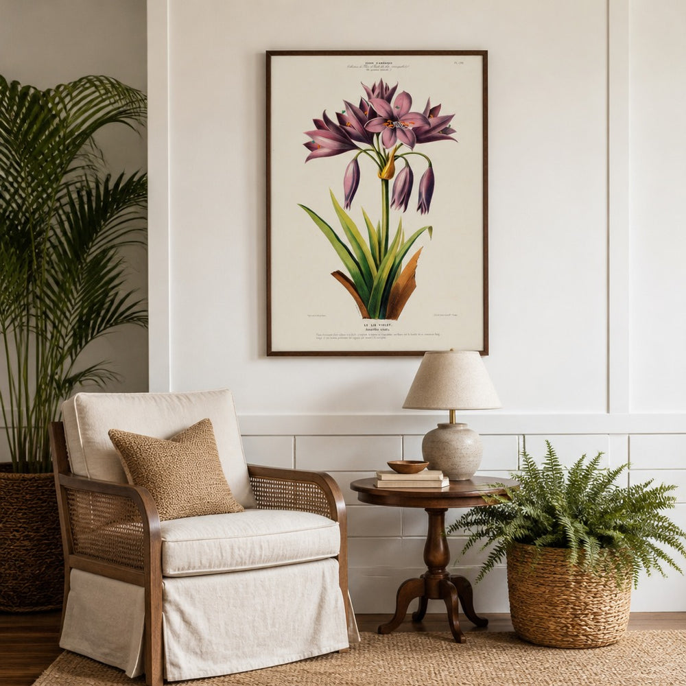 Striped Amaryllis Vintage Botanical Art Print in a styled room