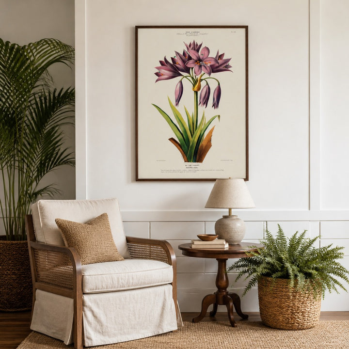 Striped Amaryllis Vintage Botanical Art Print in a styled room
