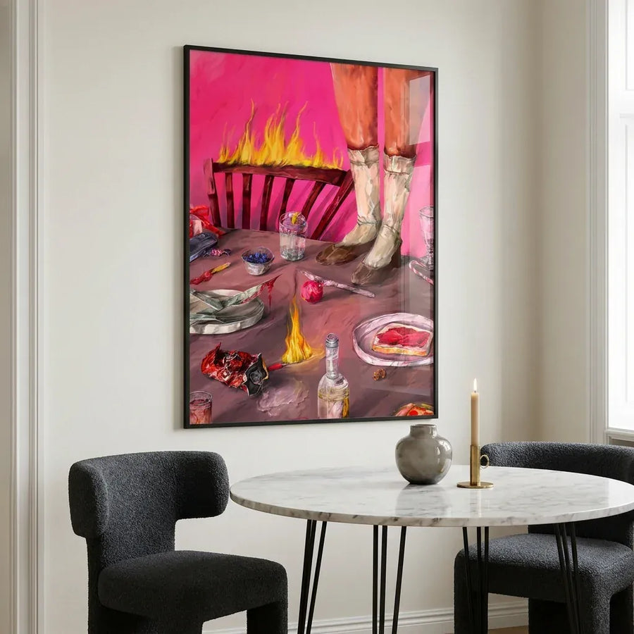 Surreal Burning Table Art Print in a room setting