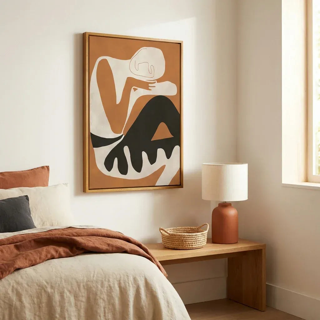 Terracotta Dreamscape Figure Art Print shown in a styled room