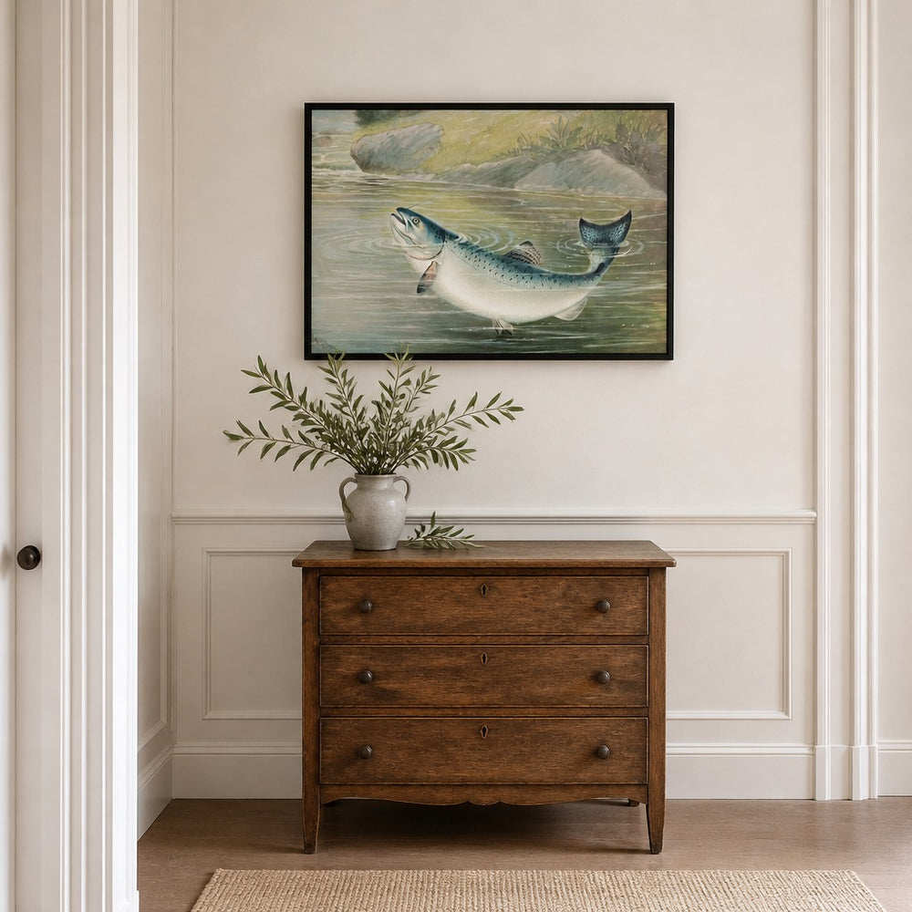 The California Salmon Fish By Samuel Kilbourne framed in a light country home