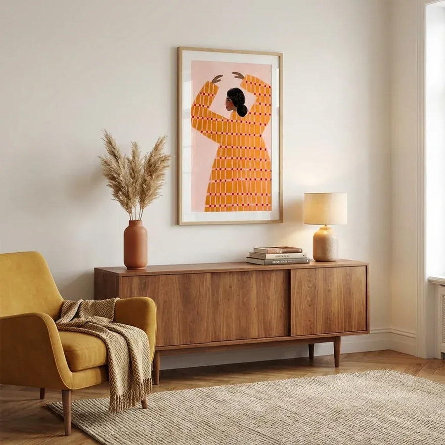 The Woman With the Checked Dress in a room setting