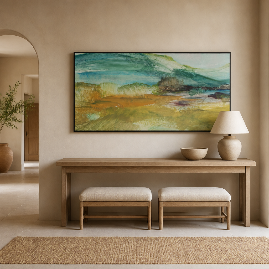 Tranquil Jade Landscape Large Canvas Art above an entrance-hall console
