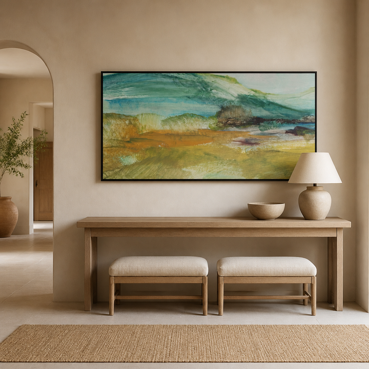 Tranquil Jade Landscape Large Canvas Art above an entrance-hall console