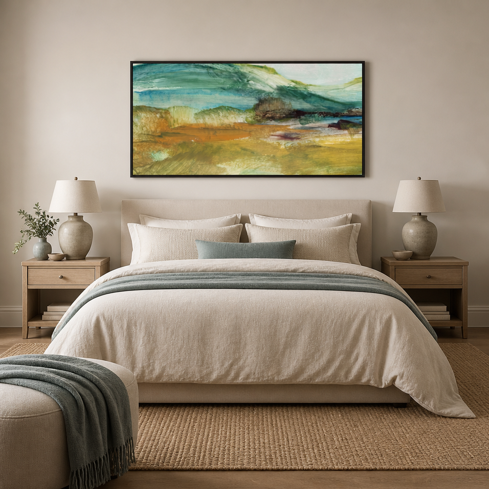 Tranquil Jade Landscape Large Canvas Art above a king bed