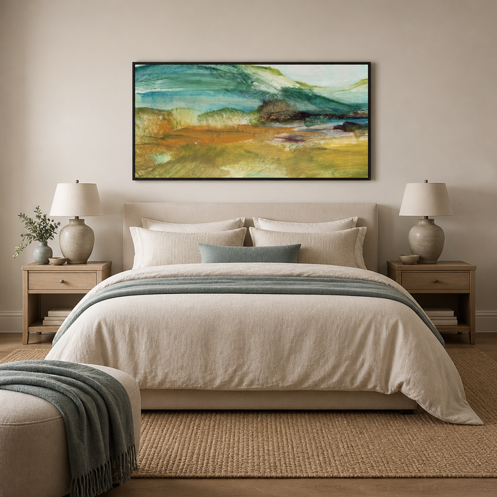 Tranquil Jade Landscape Large Canvas Art above a king bed