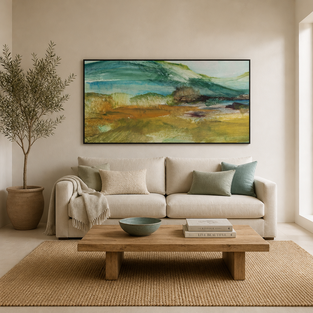 Tranquil Jade Landscape Large Canvas Art above a living-room couch