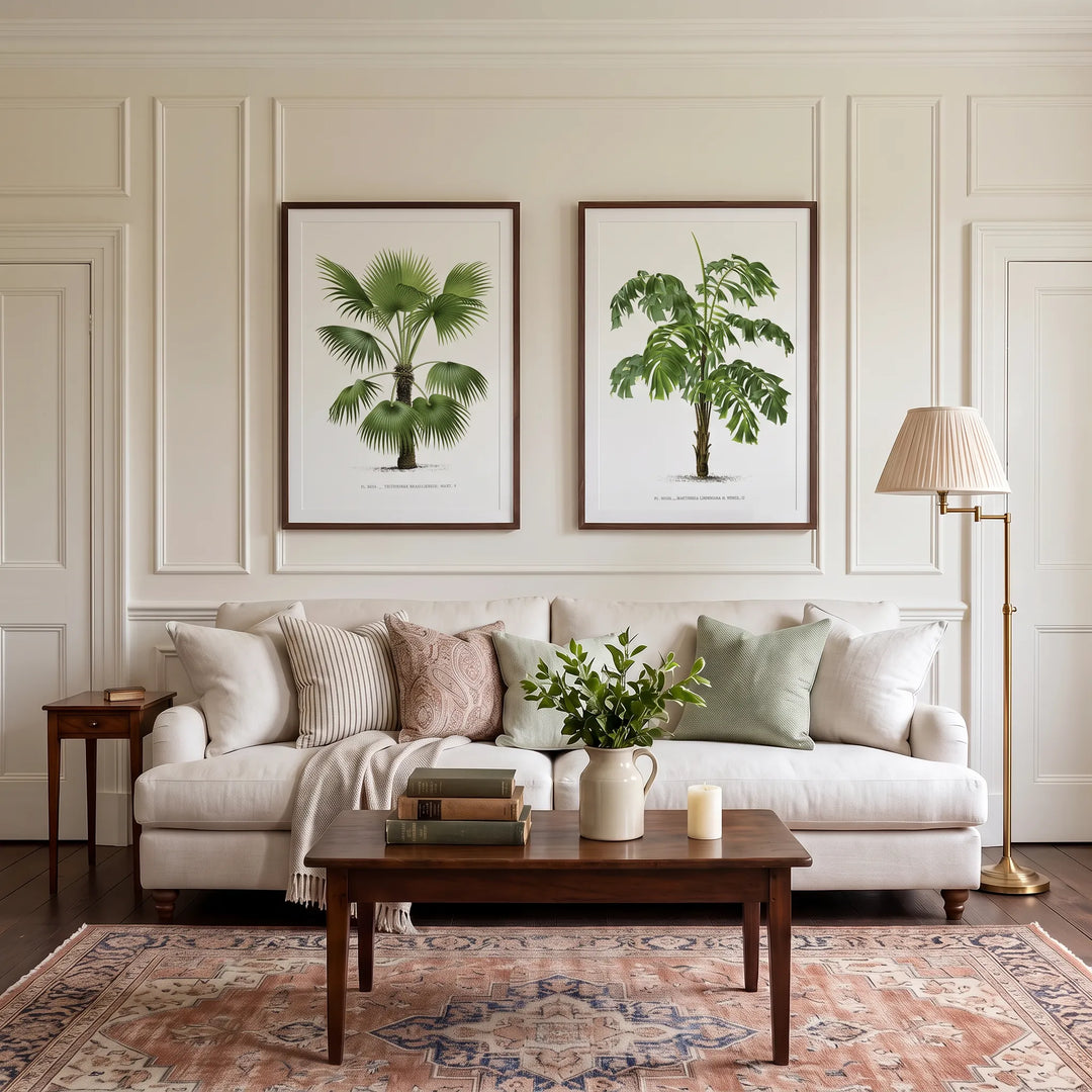 Trithrinax Brasiliensis and Martinezia Lindeniana Vintage Palm Pair framed above a living room sofa