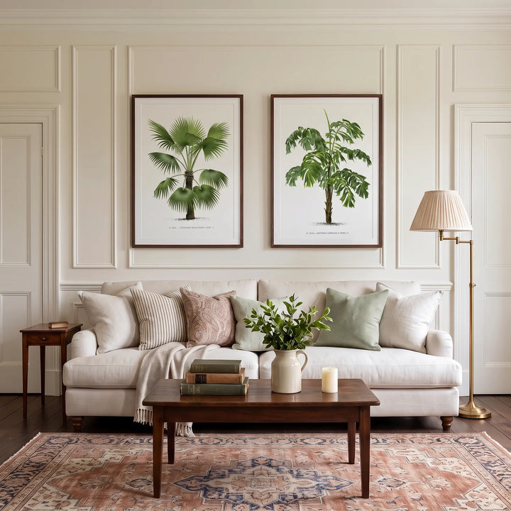 Trithrinax Brasiliensis and Martinezia Lindeniana Vintage Palm Pair framed above a living room sofa