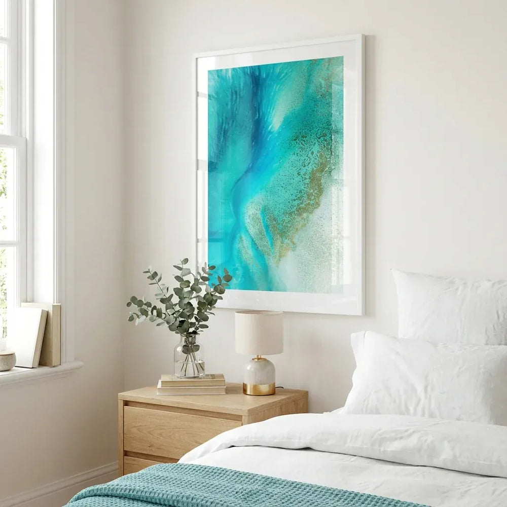 Room mockup featuring Turquoise Tranquility By Petra Meikle de Vlas