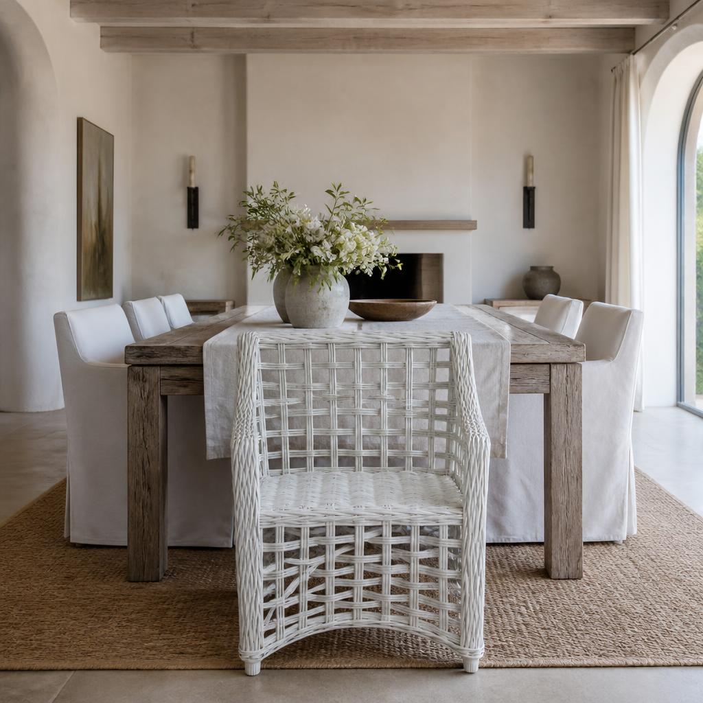 White Open-Weave Rattan Armchair shown in a styled room