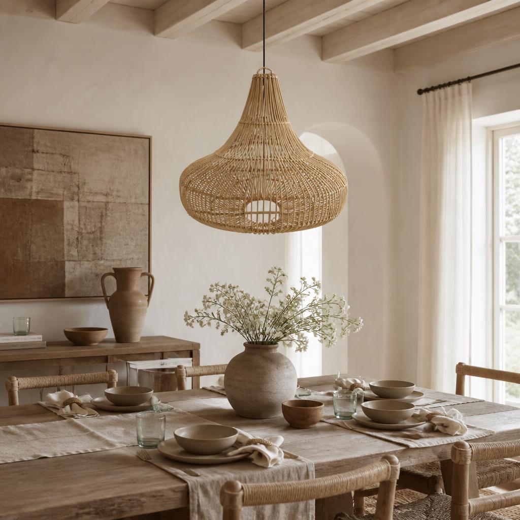 Gong Rattan Pendant Light styled in a room