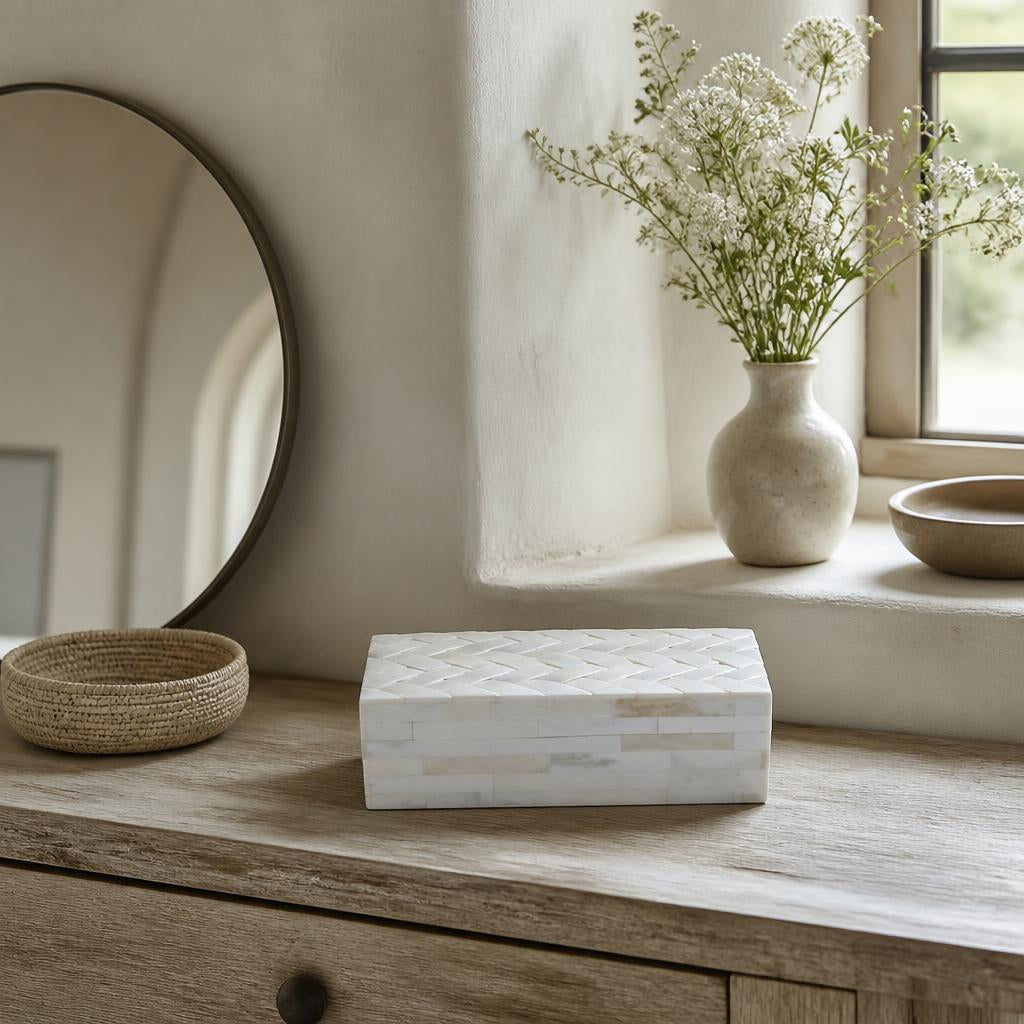 White Bone Lattice Box, Large styled in a room
