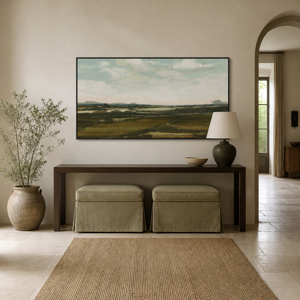 Vast Tranquil Fields Large Canvas Art above an entrance-hall console