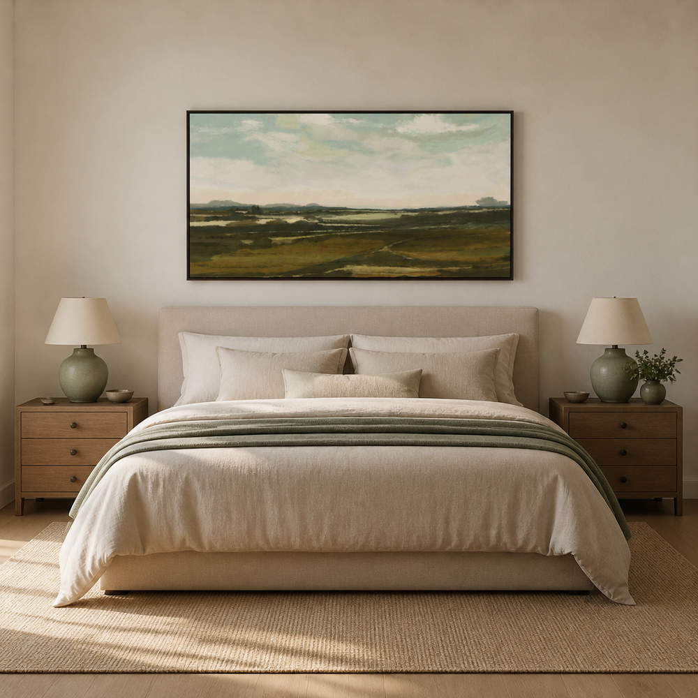 Vast Tranquil Fields Large Canvas Art above a king bed