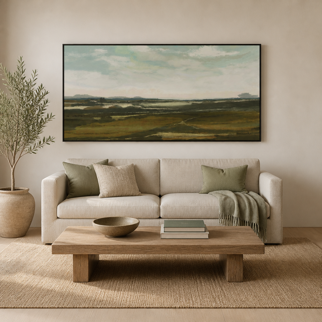 Vast Tranquil Fields Large Canvas Art above a living-room couch