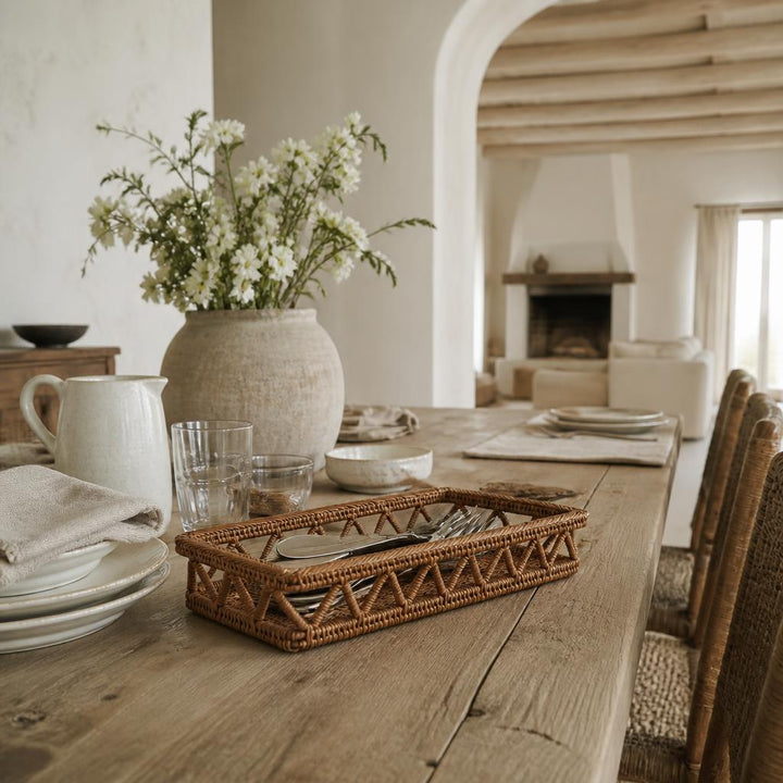 Fine Rattan Cutlery Tray styled in a room