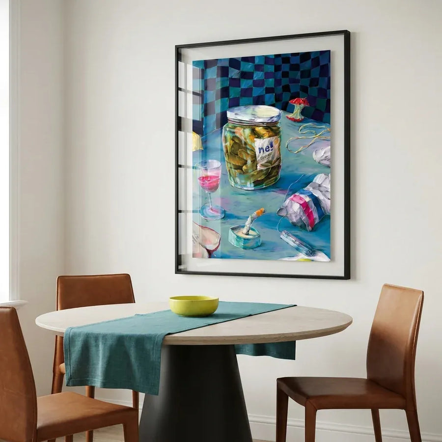 Messy Kitchen Table Still Life Art Print in a room setting