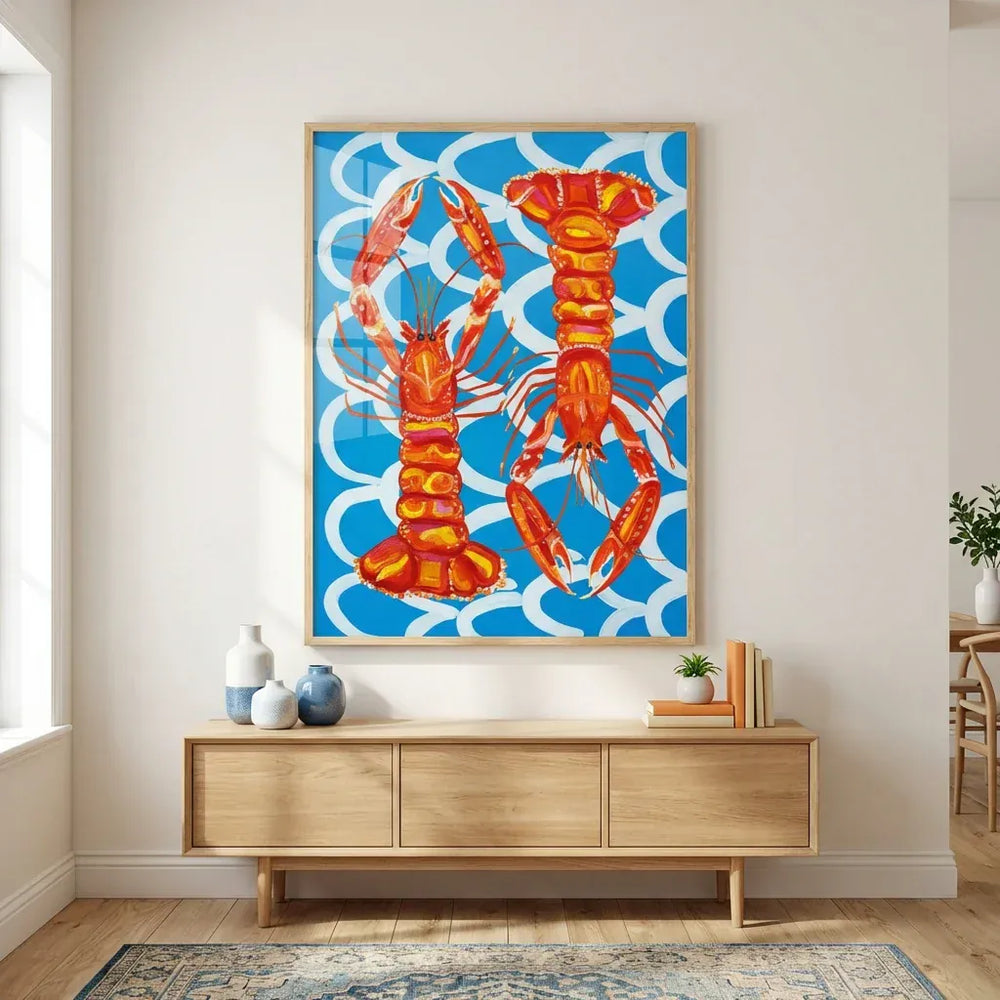Room mockup featuring Vibrant Langoustines on Blue Waves Art Print