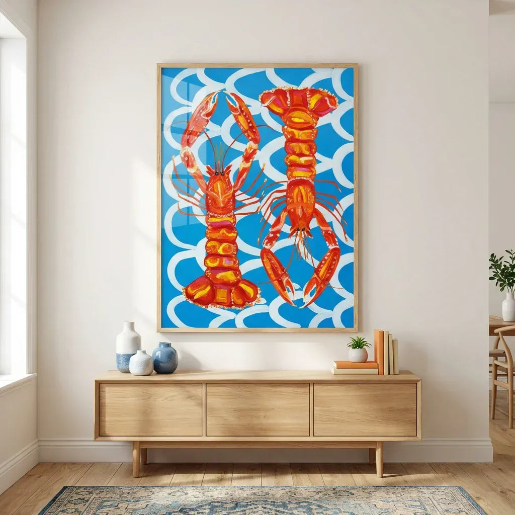Room mockup featuring Vibrant Langoustines on Blue Waves Art Print