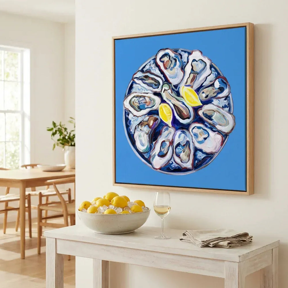 Room mockup featuring Vibrant Oysters with Lemon Art Print