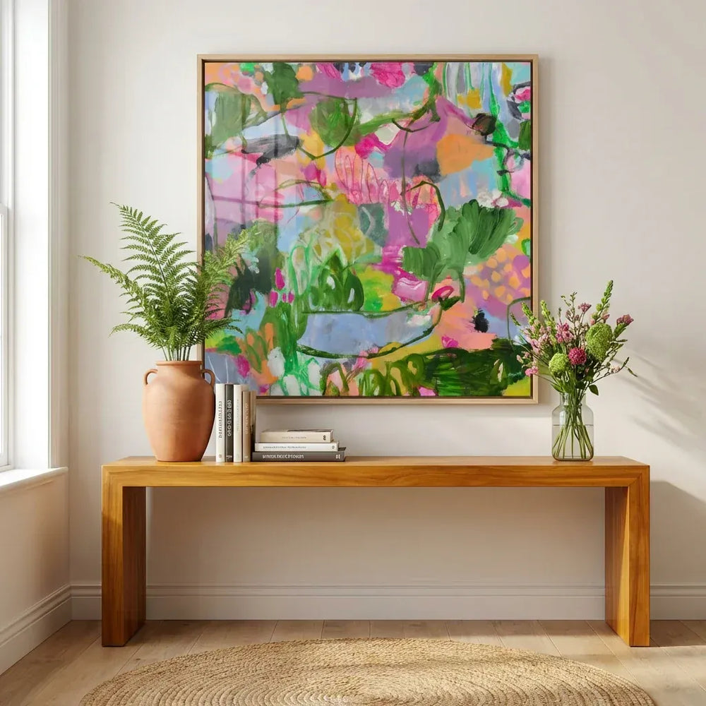 Room mockup featuring Vibrant Whimsical Garden Abstract Art Print