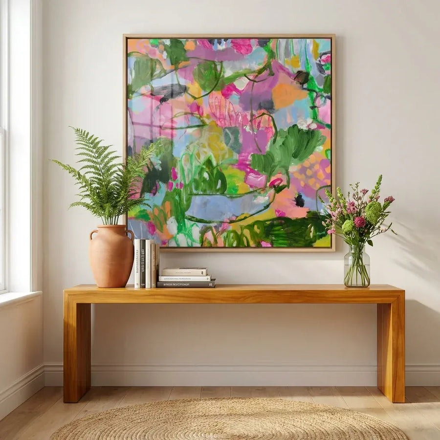 Vibrant Whimsical Garden Abstract Art Print in a room setting