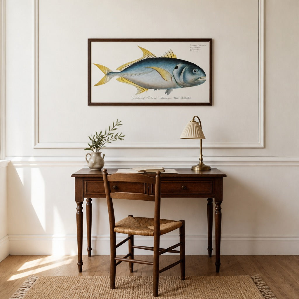 Vibrant Yellowtail Fish Illustration framed in a light country home
