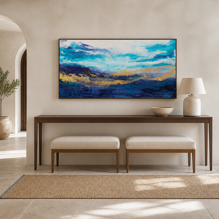 Waves Of Serenity Large Canvas Art above an entrance-hall console