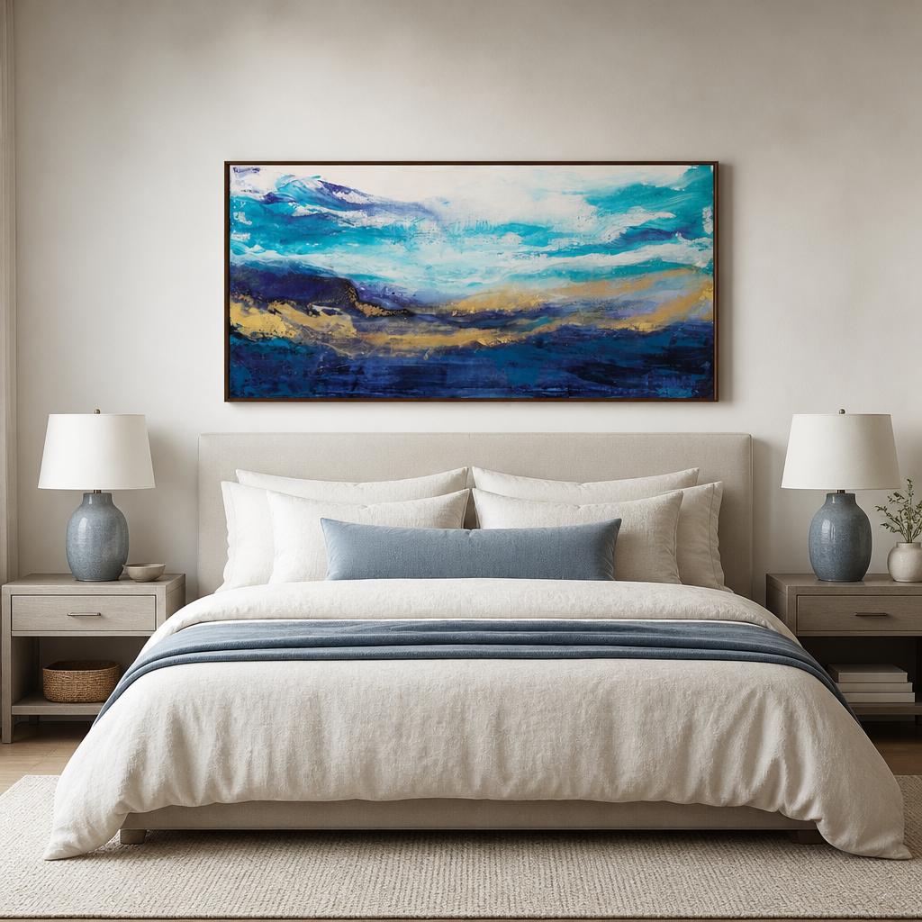 Waves Of Serenity Large Canvas Art above a king bed