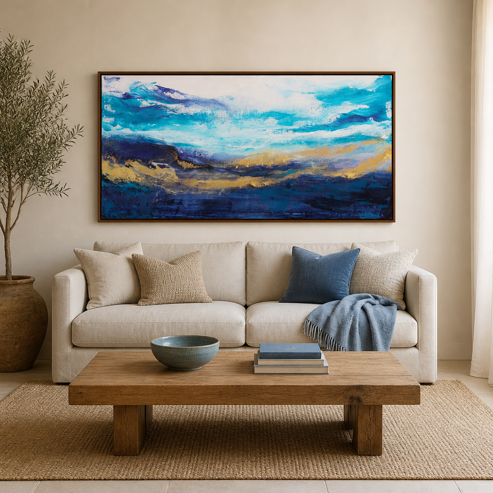 Waves Of Serenity Large Canvas Art above a living-room couch