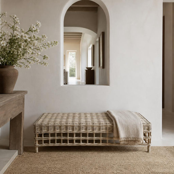 Rattan Ottoman Bench styled in a room