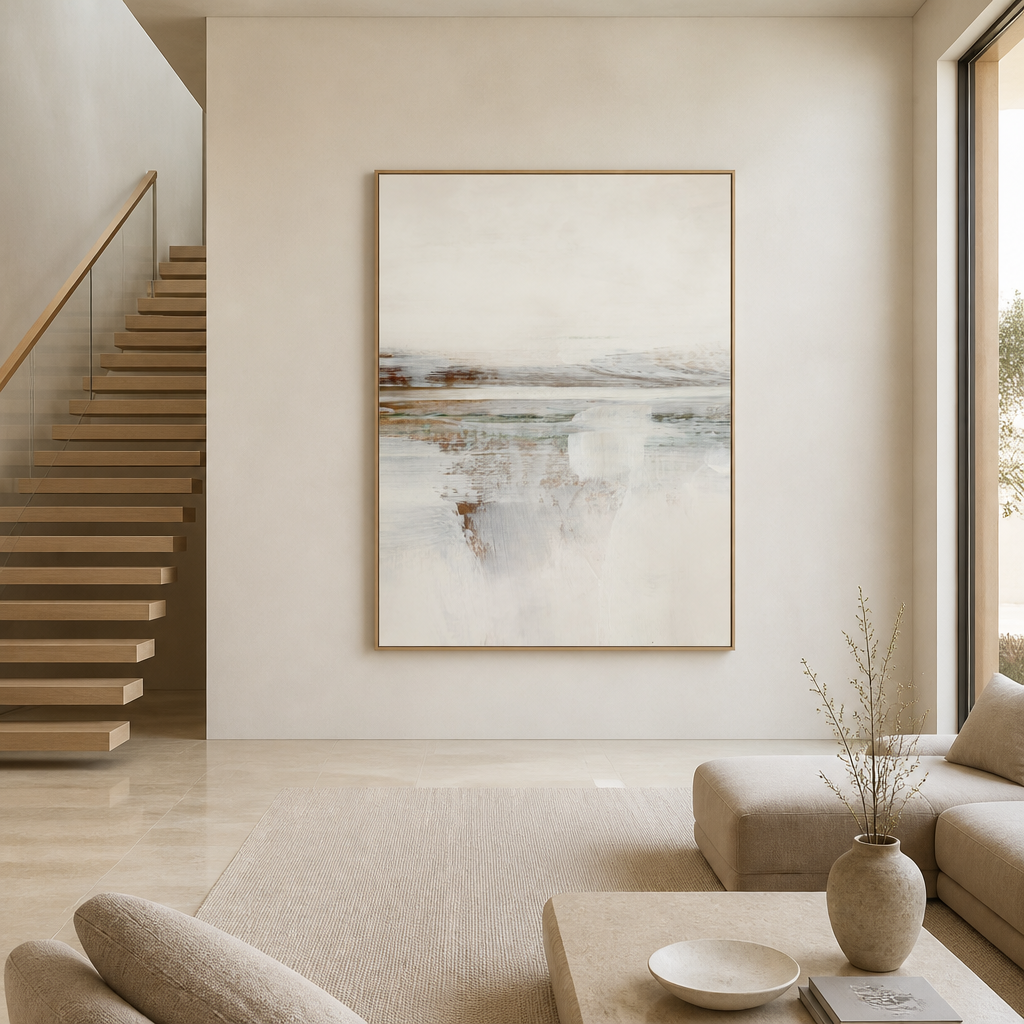 Whispering Shadows Abstract 1 Large Canvas Art on the wall beside a staircase