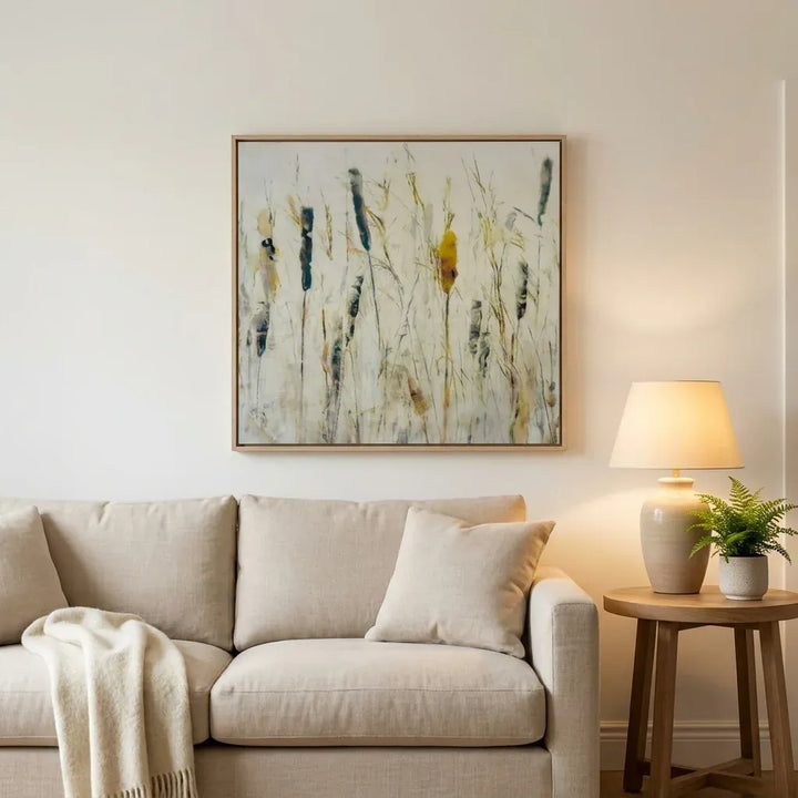 Room mockup featuring Whispers of Nature 2 Mounted Canvas + Light Oak Look Floater Frame