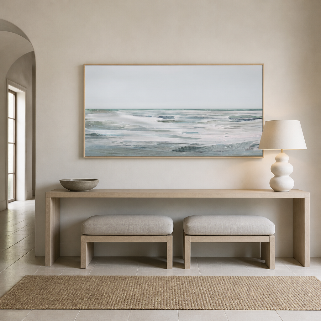 White Day Horizon Large Canvas Art above an entrance-hall console